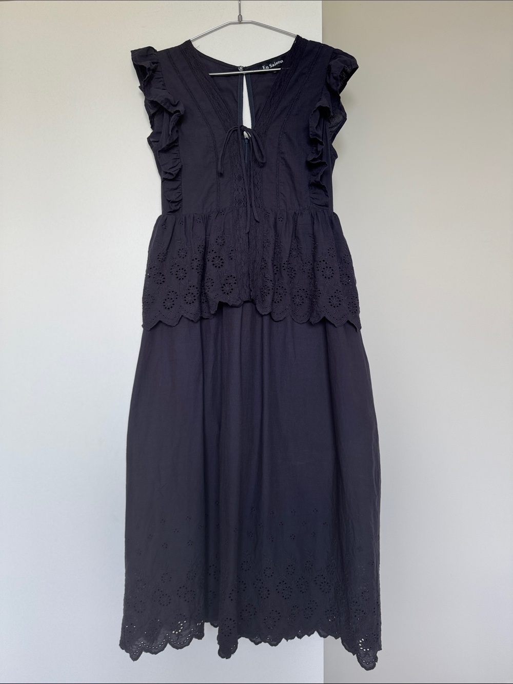 En Saison Blue Eyelet Lace Midi Dress Ruffle Peplum Size M